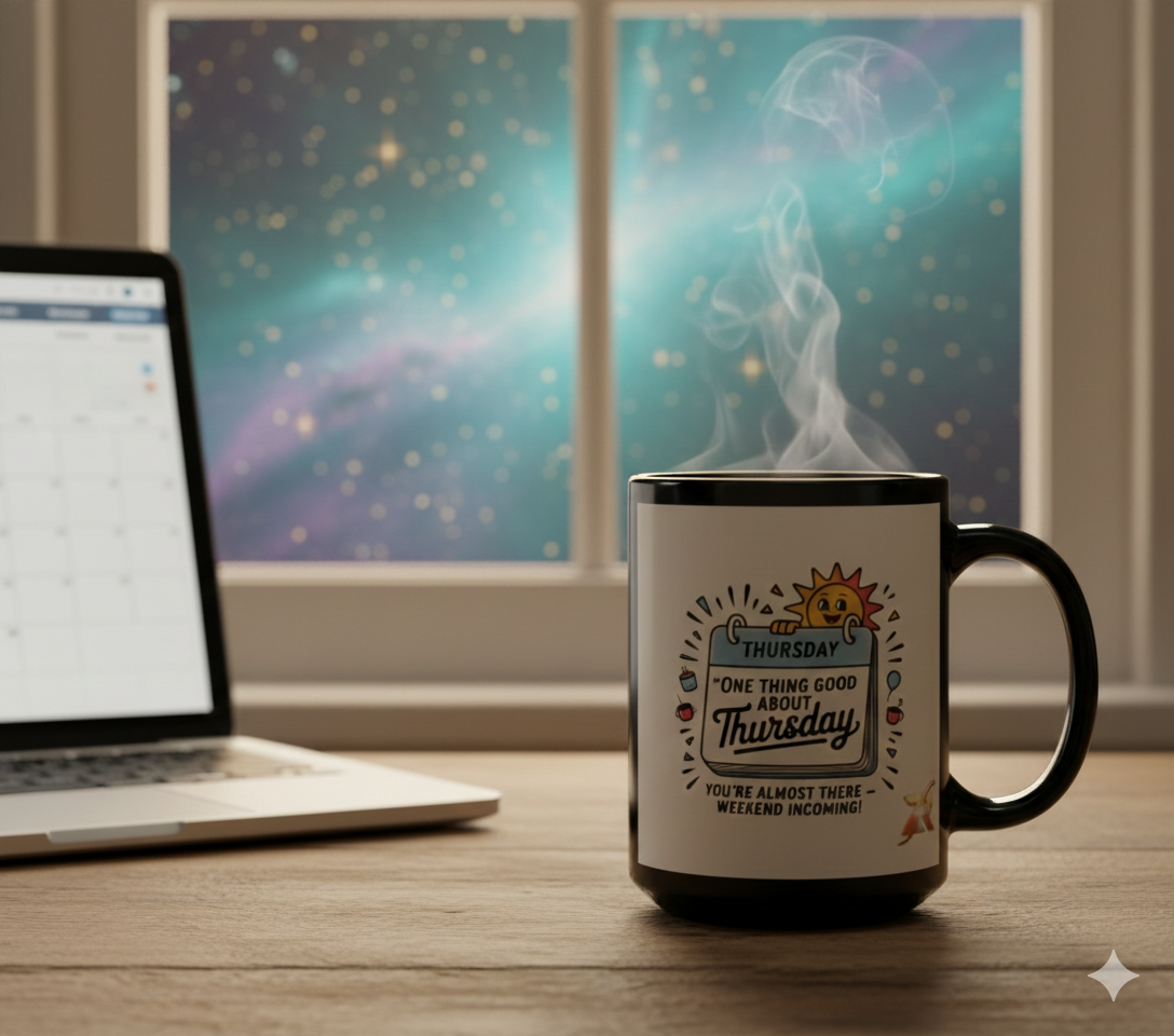 Thursday Motivation 15oz Black Coffee Mug — “One Thing Good About Thursday”