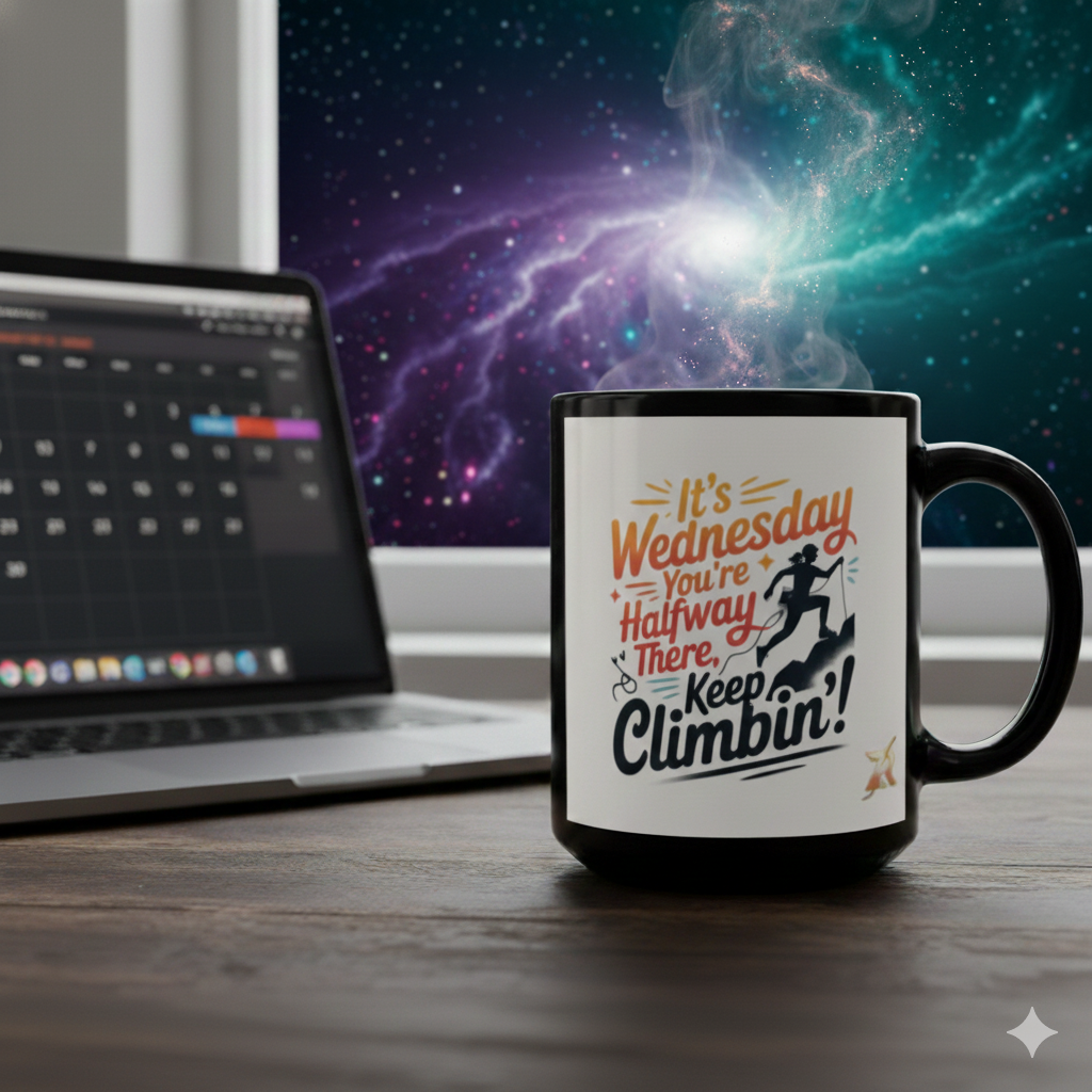 Wednesday Motivation Coffee Mug — "It's Wednesday You're Halfway There Keep Climbin'" 15oz