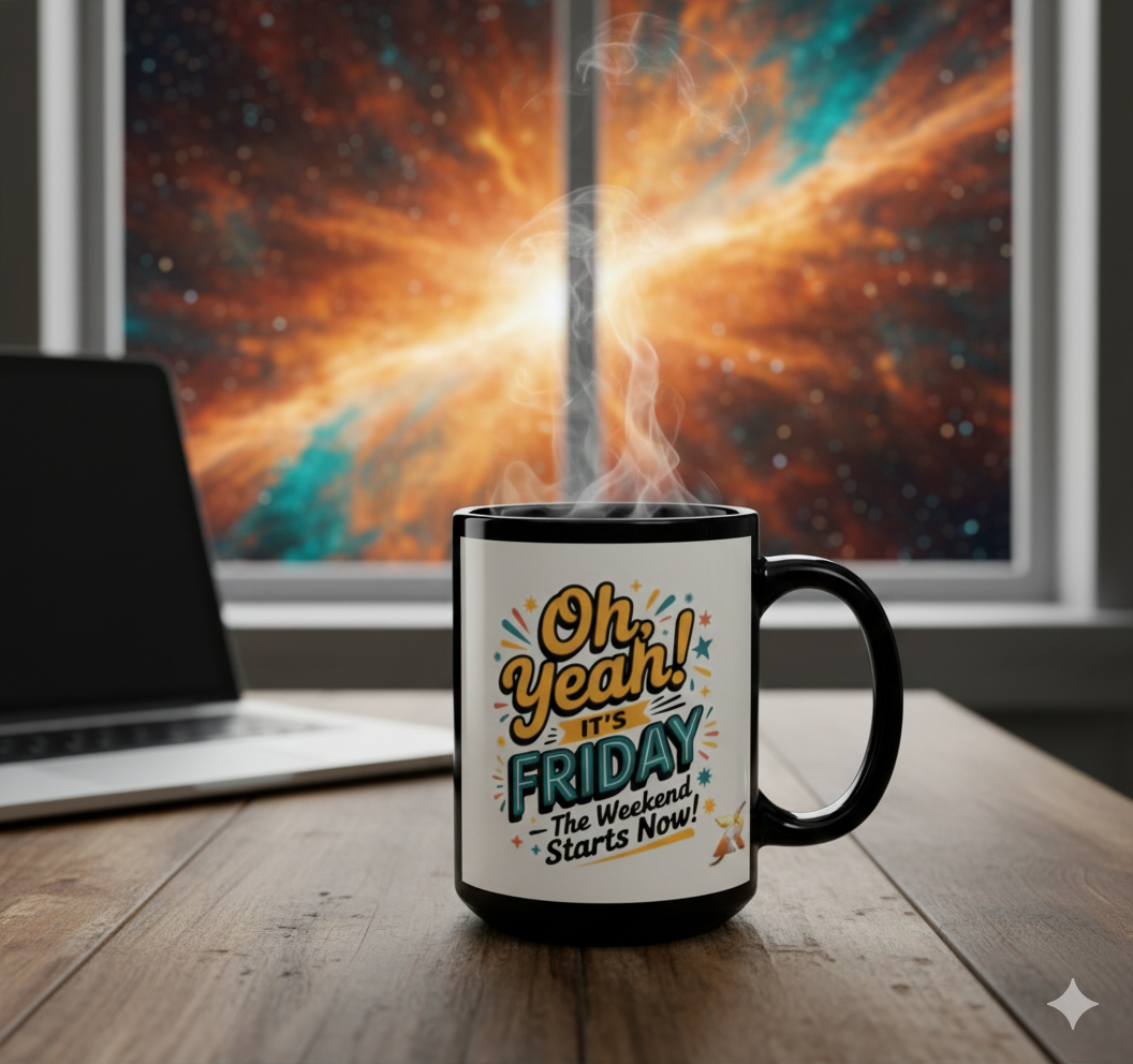 Friday Coffee Mug — “Oh Yeah! It’s Friday The Weekend Starts Now” 15oz Black Ceramic