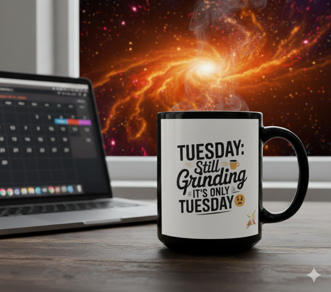 Tuesday: Still Grinding 15oz Black Coffee Mug — Funny Workday Humor Gift