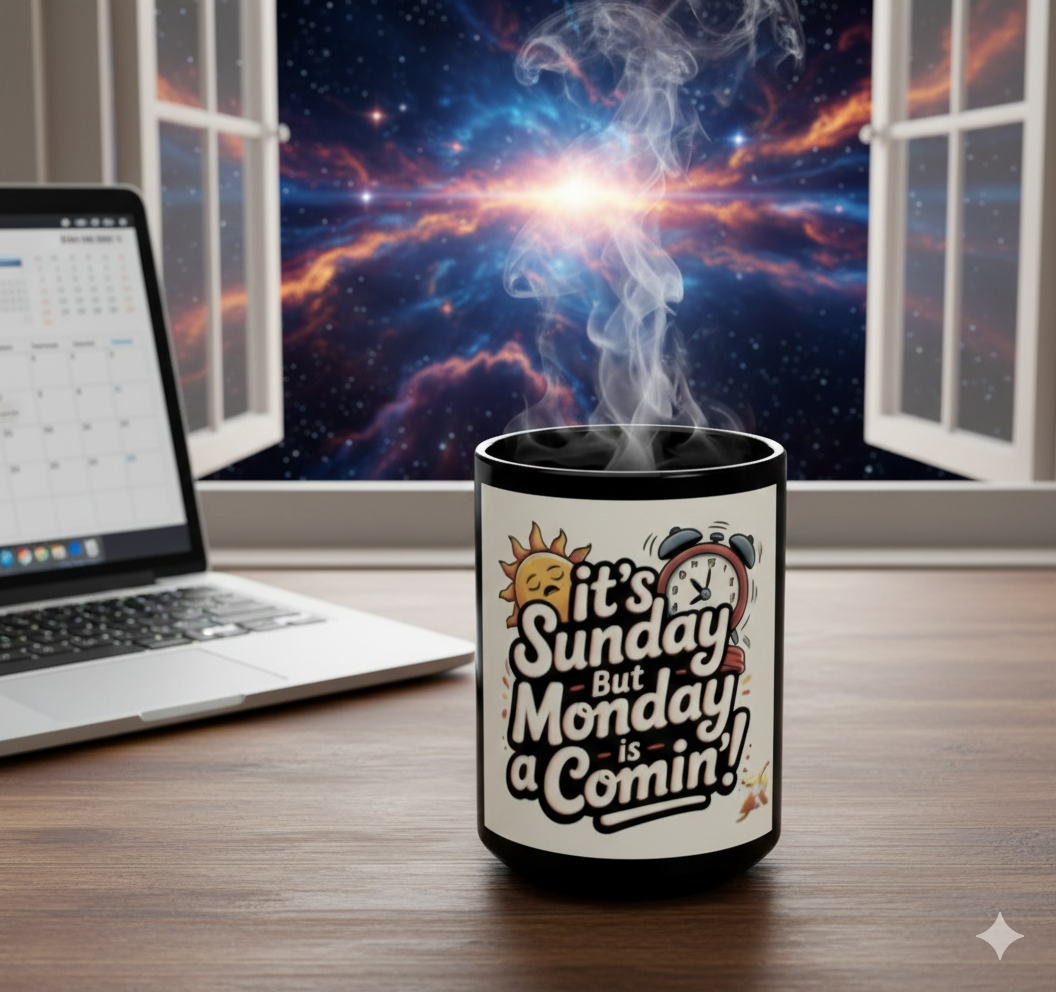15oz Black Mug — “It’s Sunday But Monday Is Comin’” Retro Coffee Cup